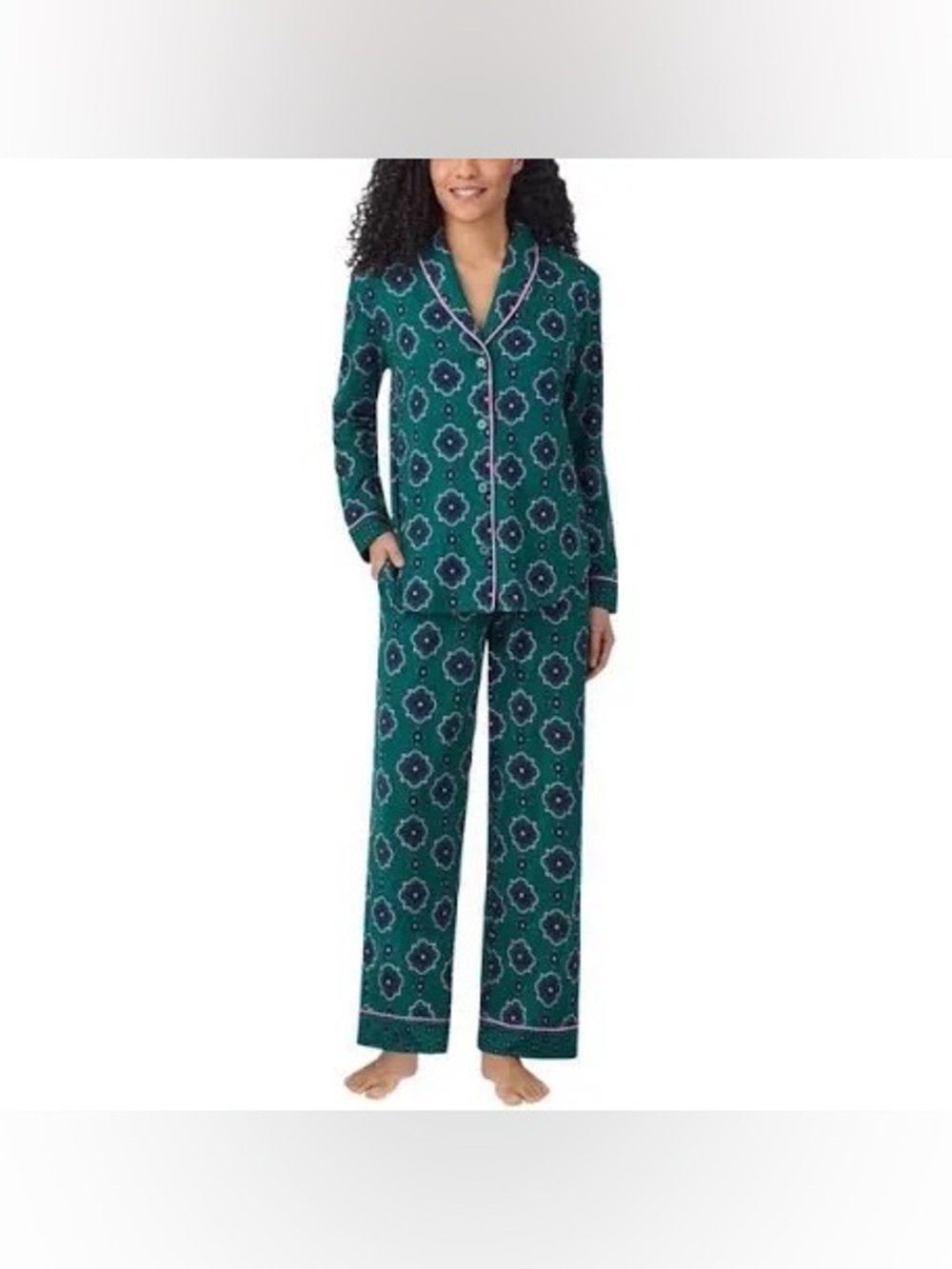 Room Service Green Floral-Print Pajama Set with Pink Trim